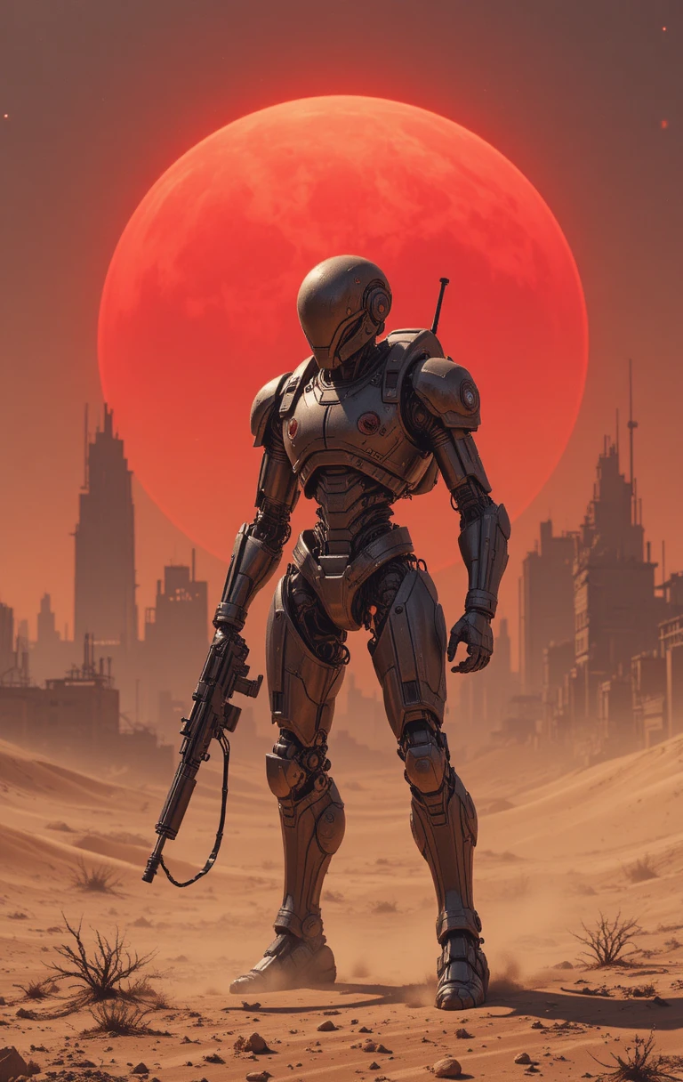 Armed humanoid robot in a glowing dystopian desert city