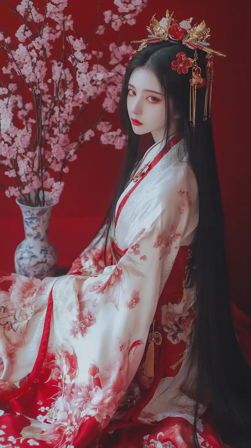 赤いシルクのローブと桜の東アジア人女性