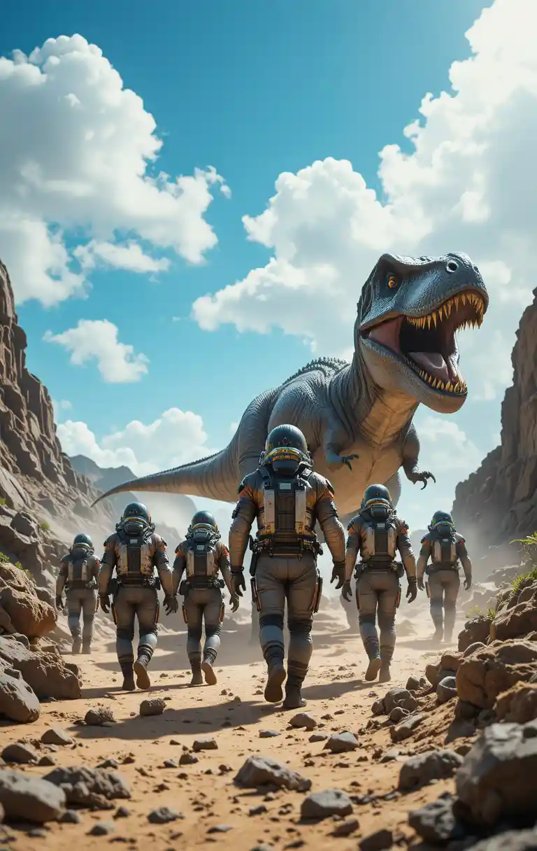 T-Rex und Astronauten überqueren felsiges Gelände unter blauem Himmel