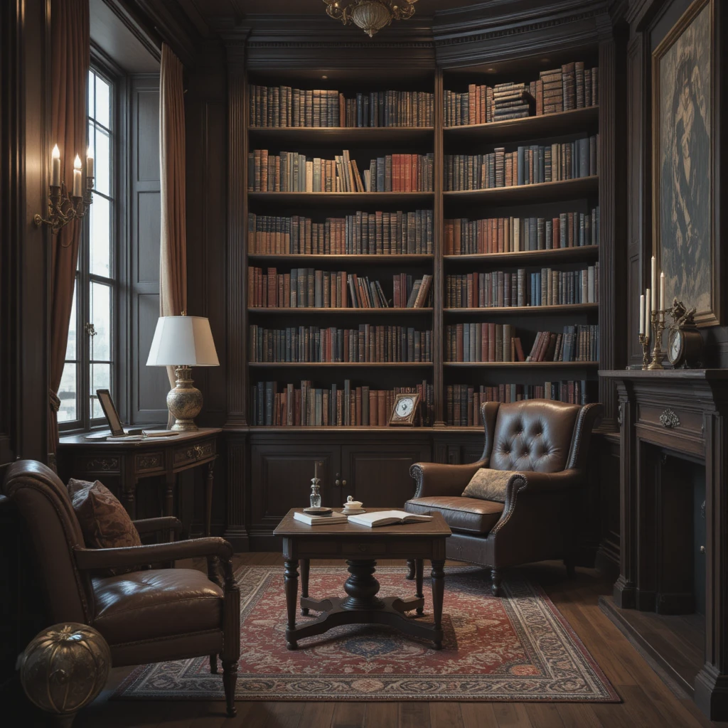 Acogedor rincón con sillón junto a una alta biblioteca personal