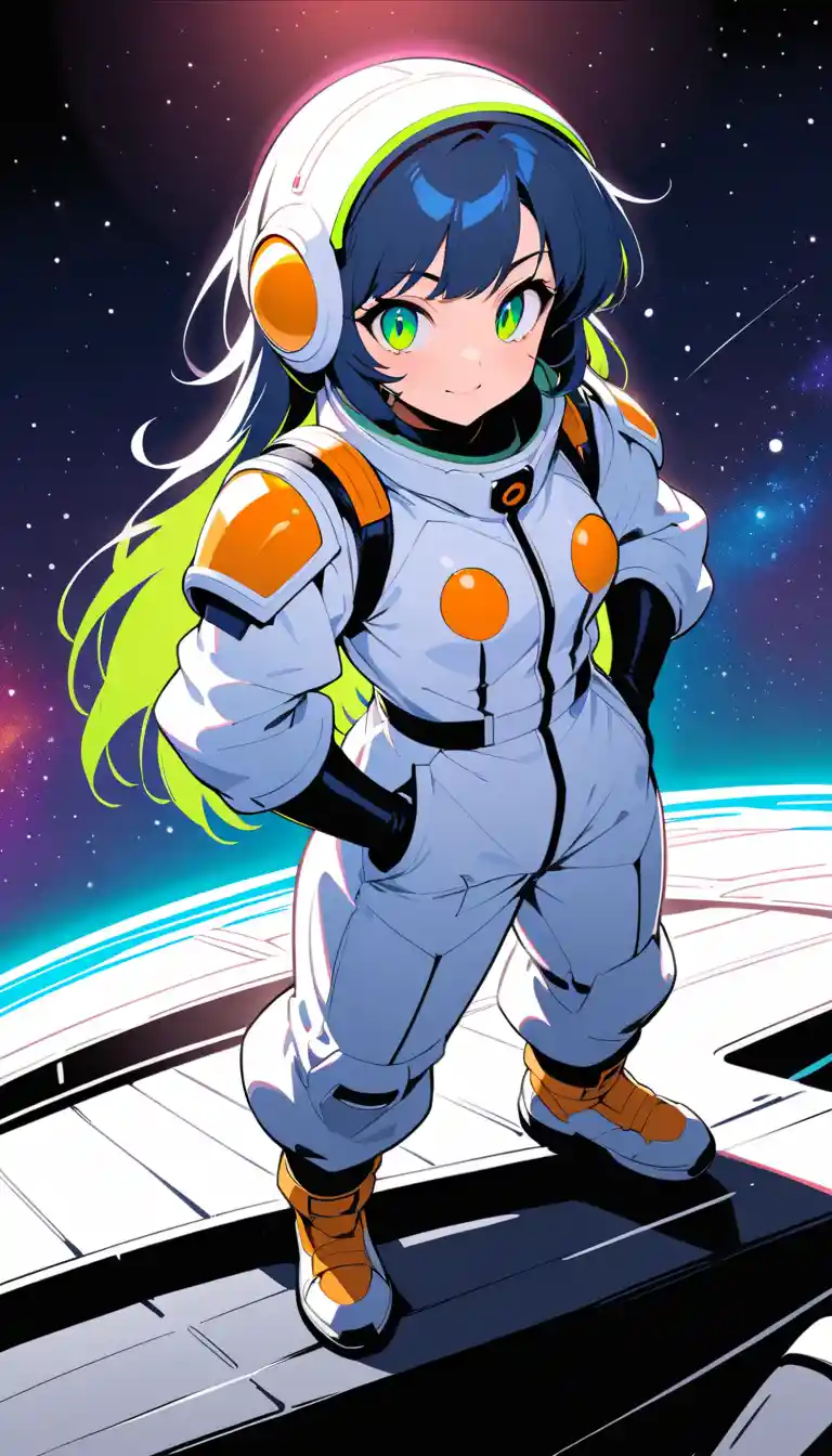 Retro manga space heroine on wooden starship deck