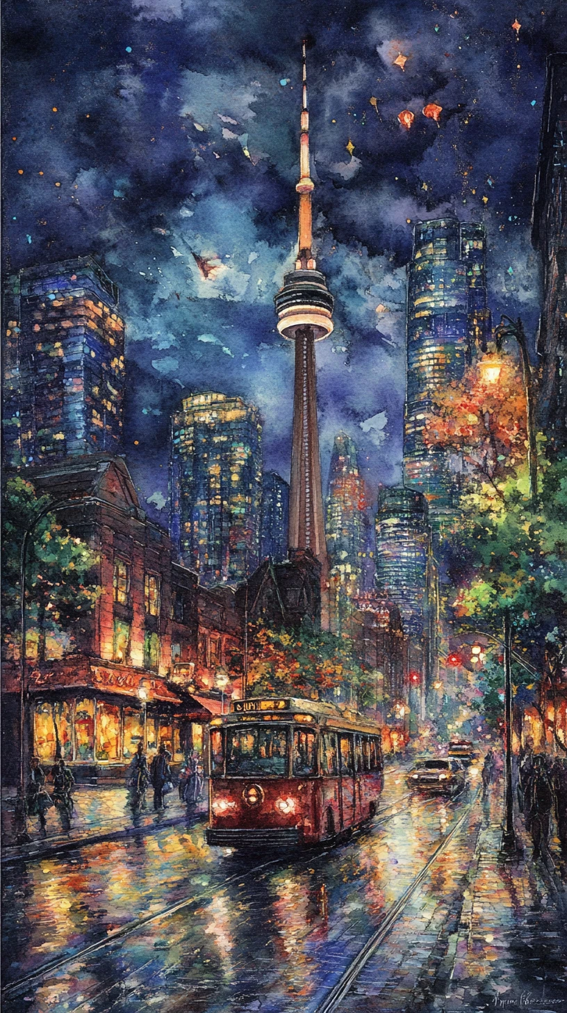Watercolor city street in Toronto glowing at night