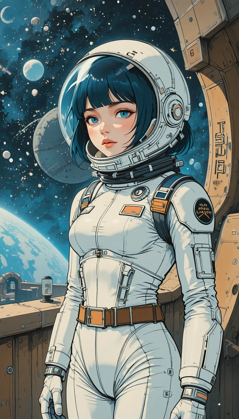 Fille d’anime en combinaison spatiale rétro sur le pont d’un vaisseau en bois