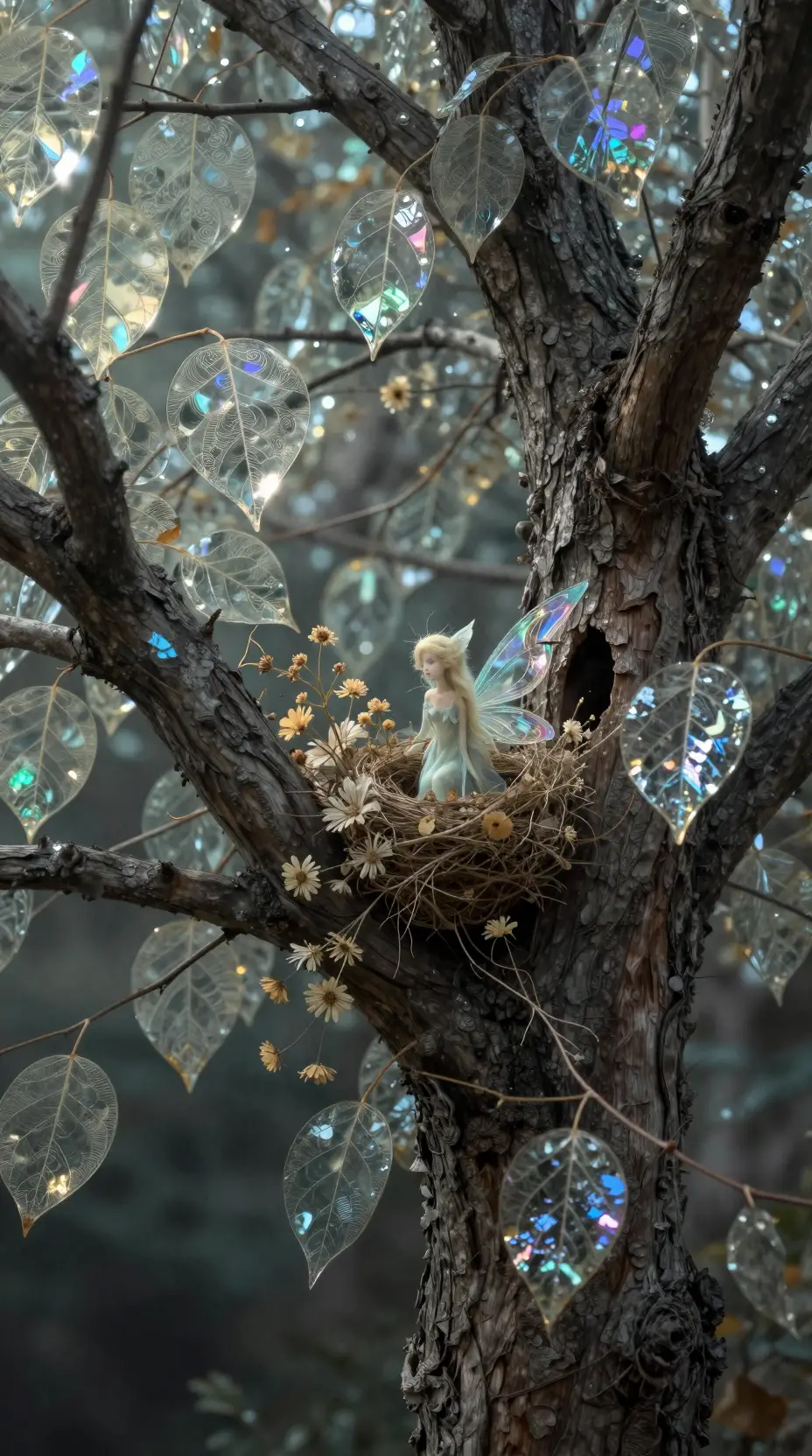 Ethereal dryad peeking from a glass leaf tree hollow