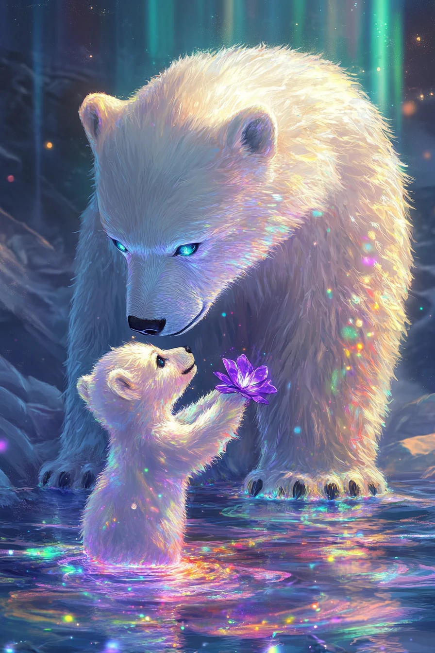 Oso polar surreal con patrones brillantes en una luz de ensueño