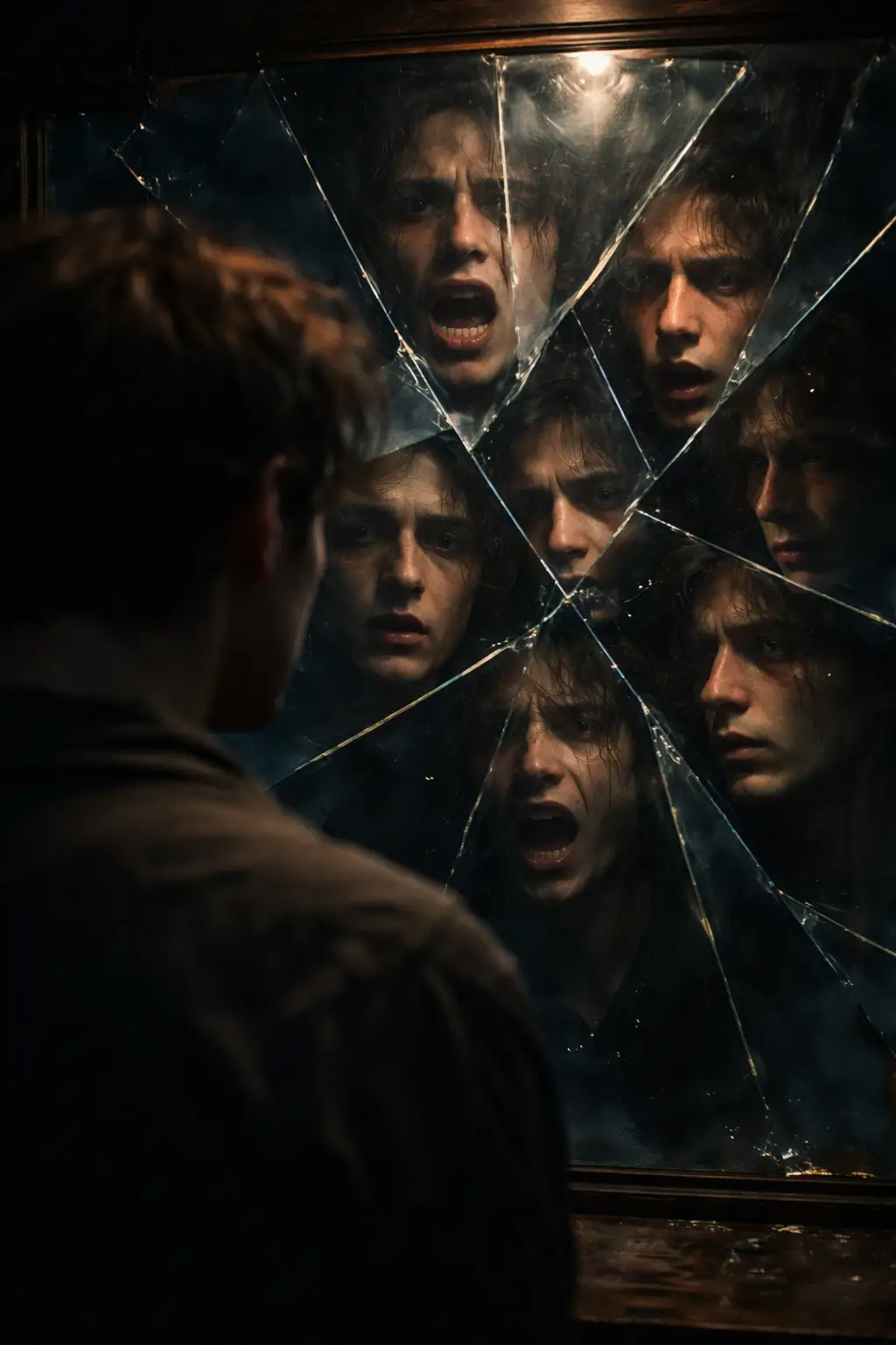 Surreal figure gazing into a shattered reflective mirror collage