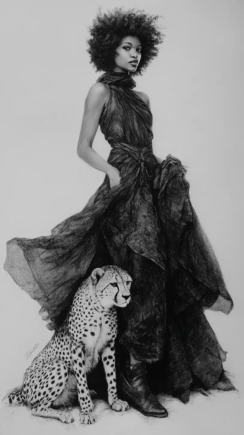 Elegant woman with afro standing beside a pet cheetah