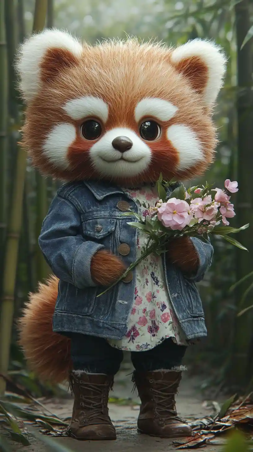 Vintage dressed plush red panda in bamboo forest