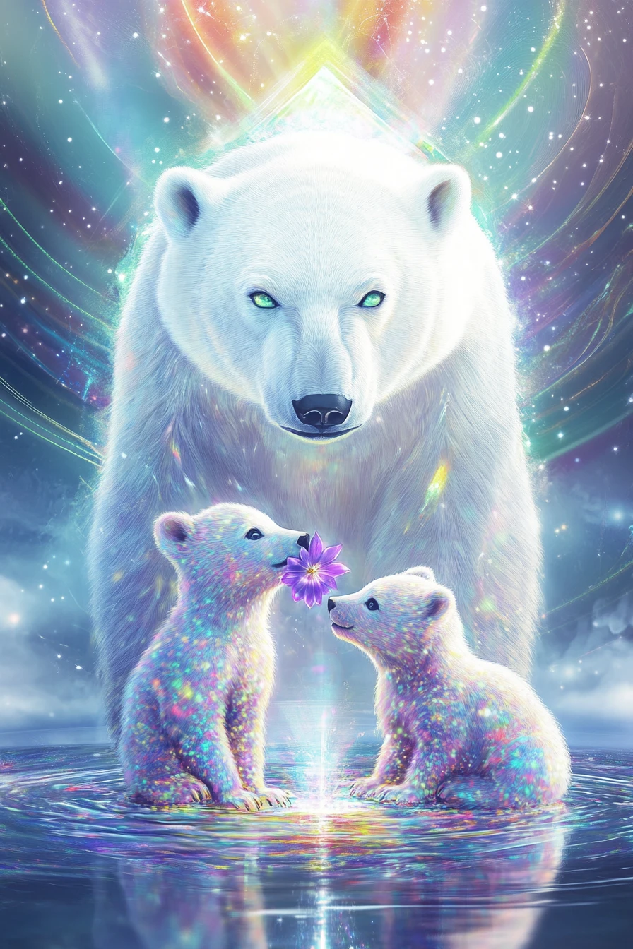Oso Polar Surrealista con Cría en Plataforma de Cristal Flotante
