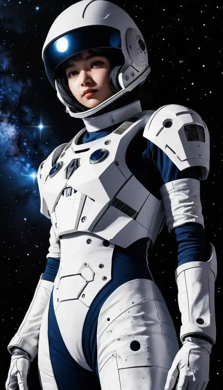 Retro manga space heroine on wooden starship deck
