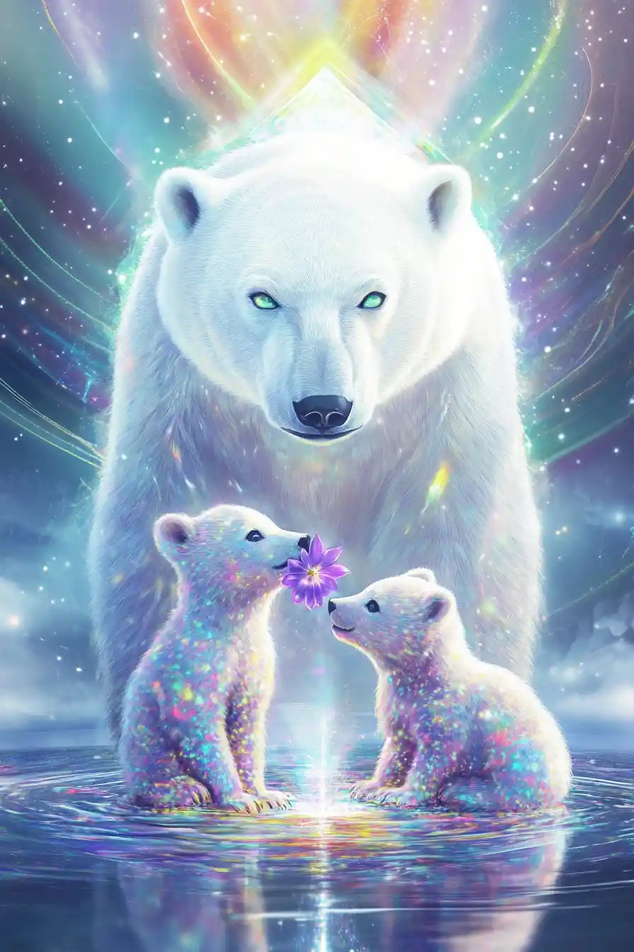 Oso Polar Surrealista con Cría en Plataforma de Cristal Flotante