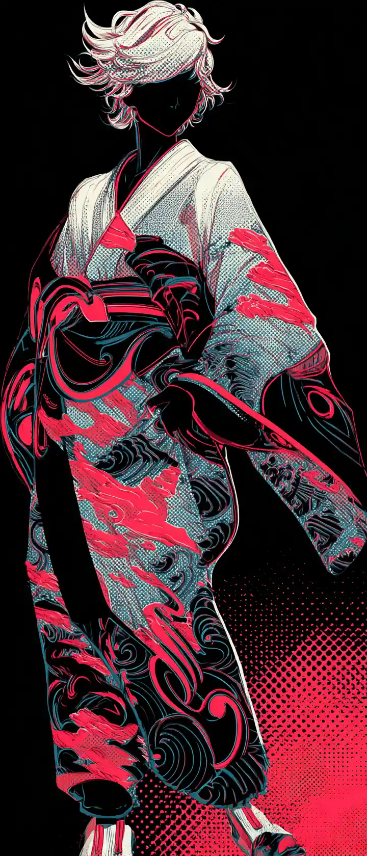 Fierce anime cyber ninja in neon ukiyo e pop art