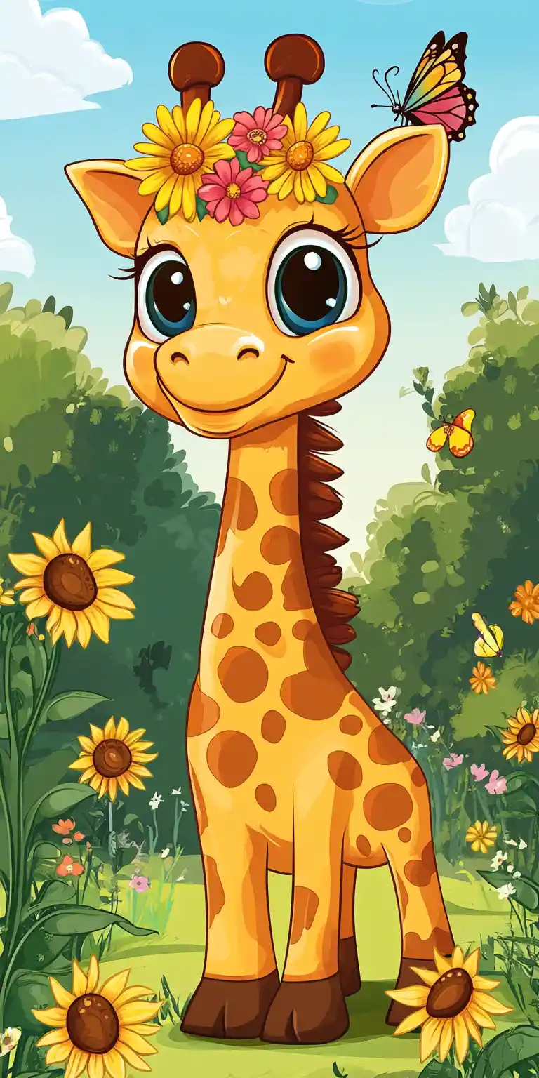 Cute baby giraffe in a sunny meadow with sunflowers