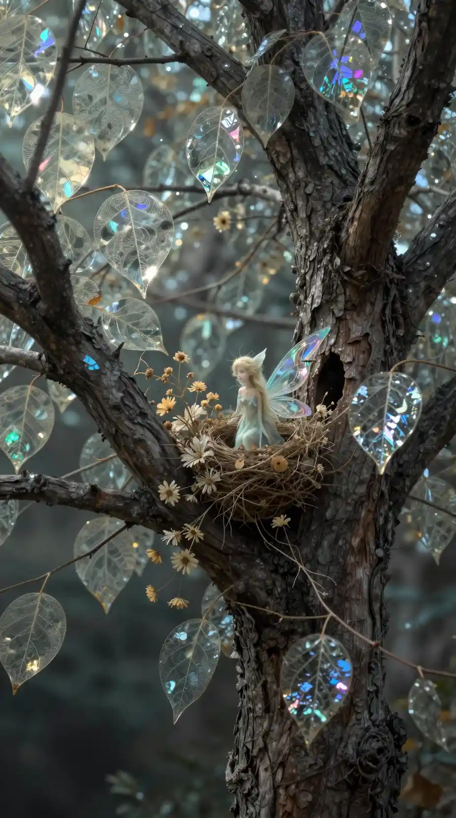 Ethereal dryad peeking from a glass leaf tree hollow