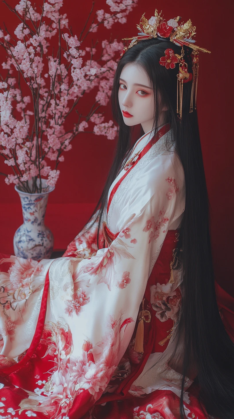 赤いシルクのローブと桜の東アジア人女性