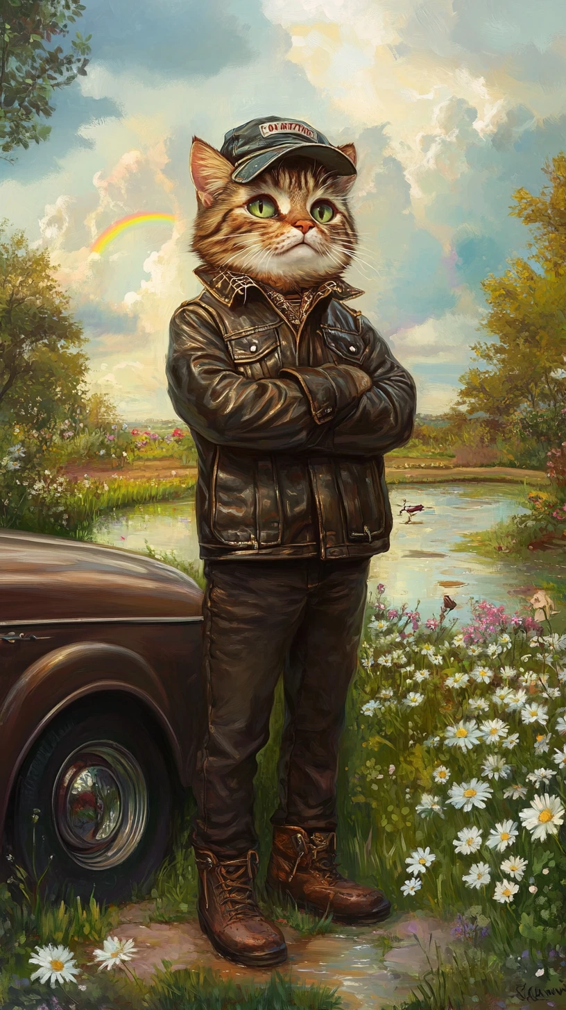 Cool cartoon cat by a retro car in a sunny garden