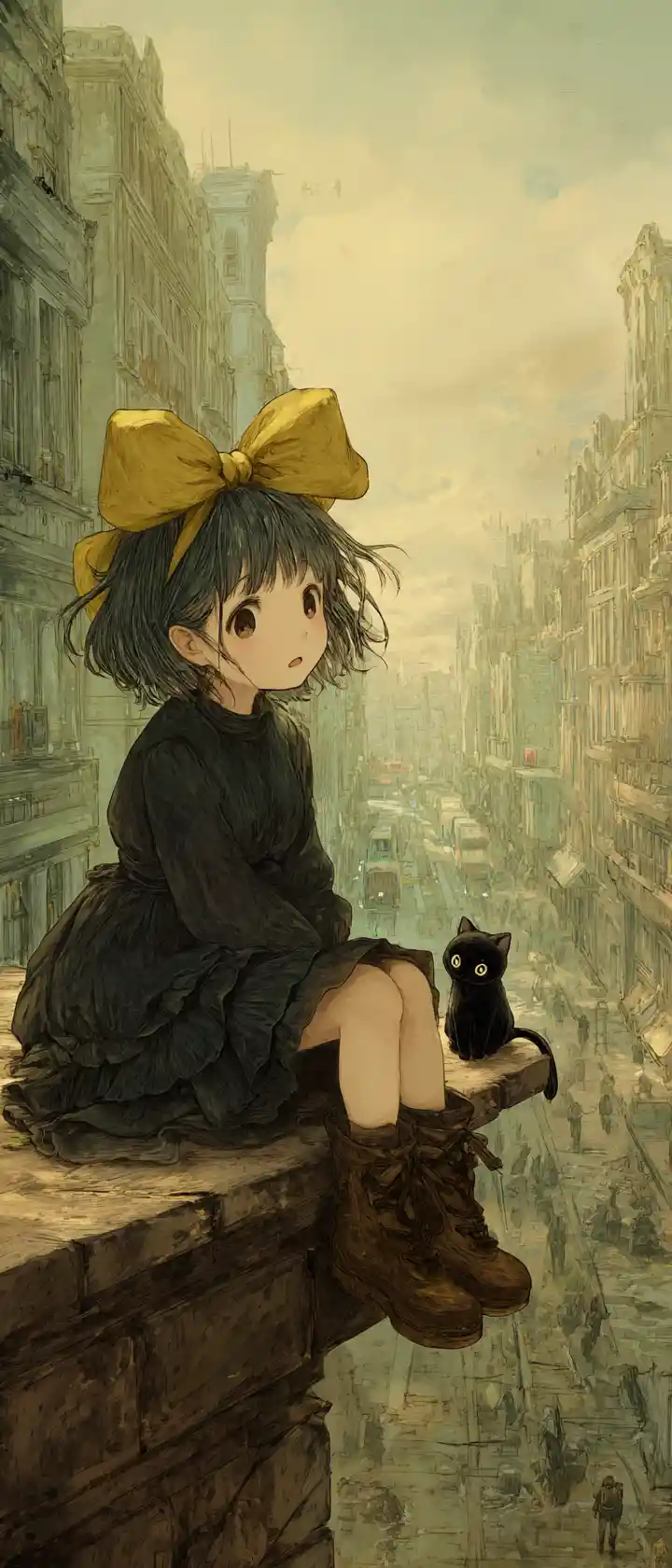 Anime girl and black cat on city rooftop edge