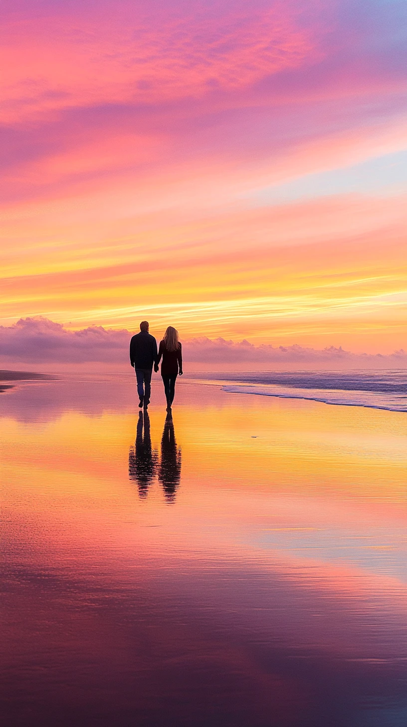 Couple marchant au lever du soleil sur une plage tropicale, reflet dans le sable