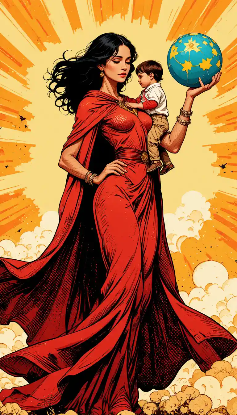 Madre con capa roja sosteniendo a su hijo y equilibrando el globo terráqueo