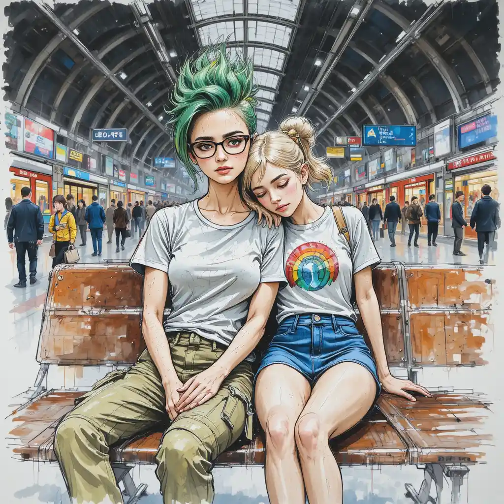 Two women resting together in a busy night train station