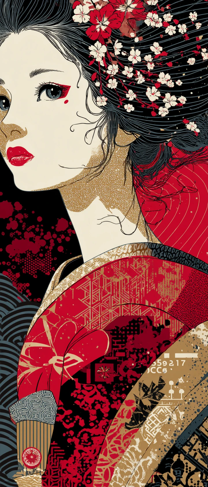 Ritratto vettoriale di ragazza in stile geisha anime in rosso e oro intenso