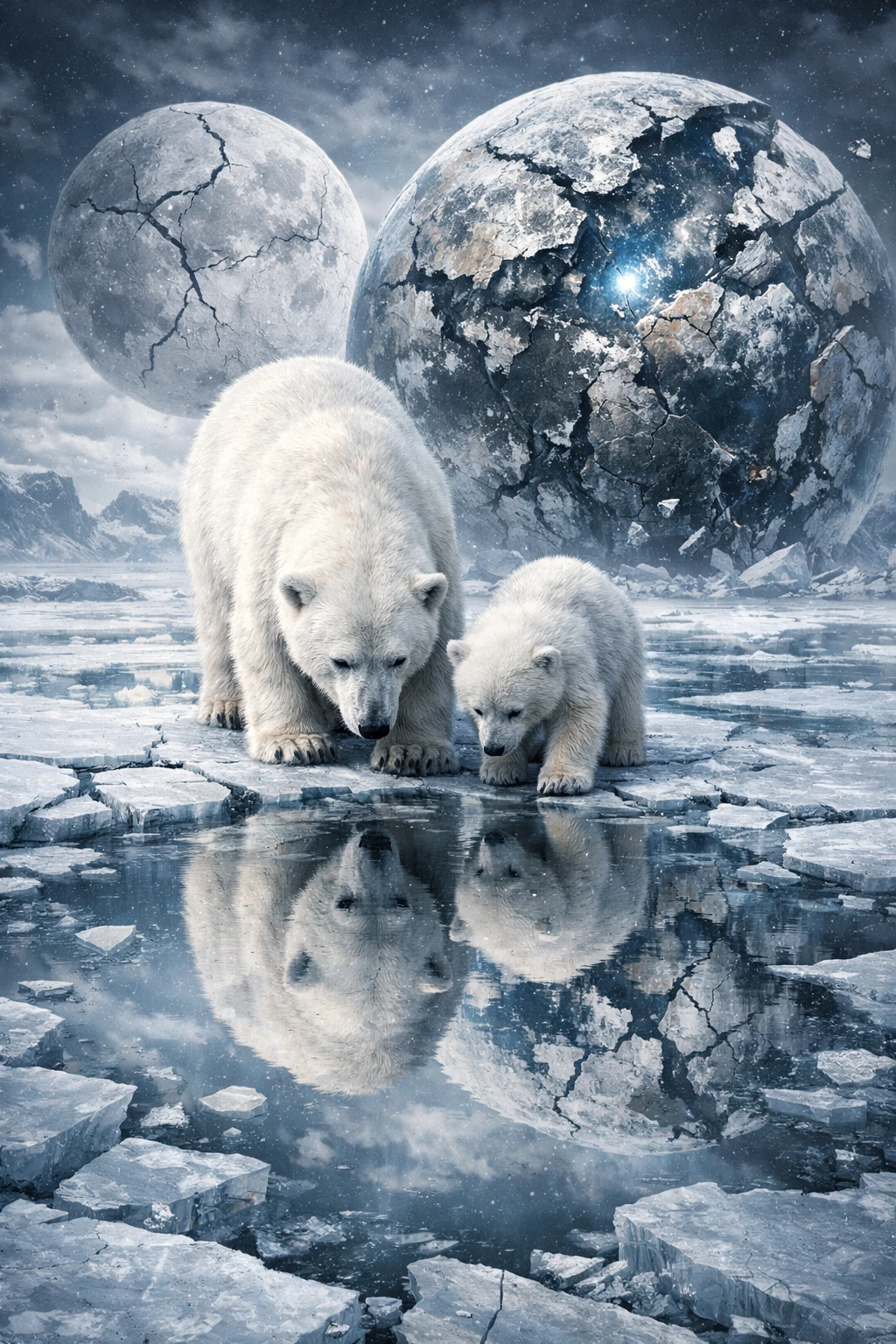 Eisbär mit Jungtier auf rissigem Eis unter zerbrochenen Welten