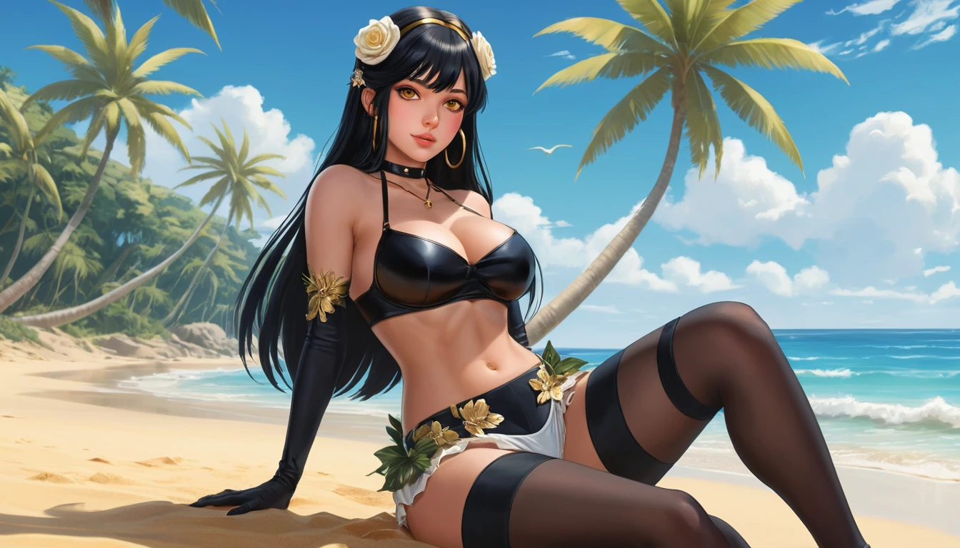 Mujer de anime con atuendo inspirado en espinas en una playa tropical