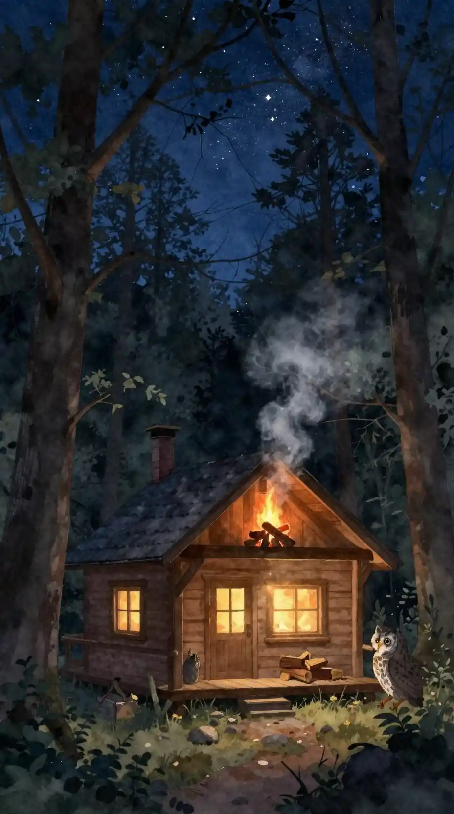 Cozy Forest Cabin Under A Tranquil Starry Night Sky