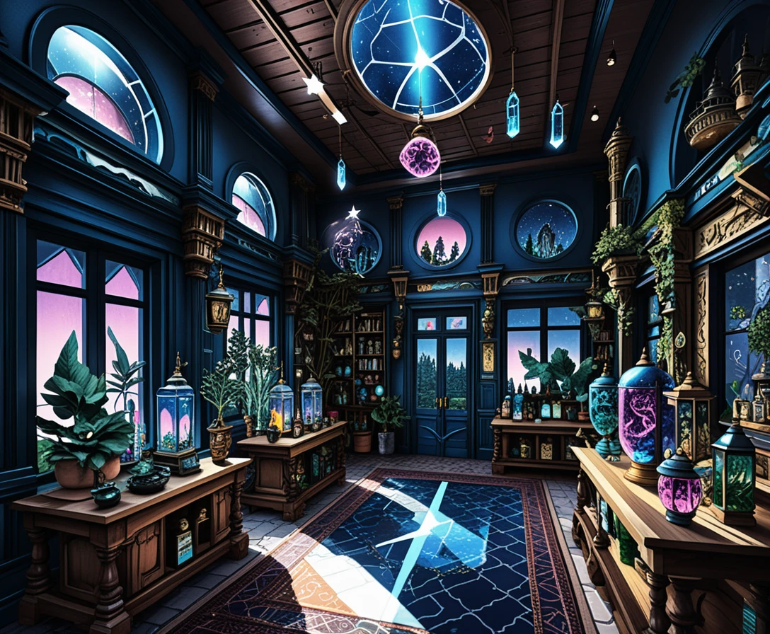 Interior místico de tienda egipcia de faroles de cristal y pociones