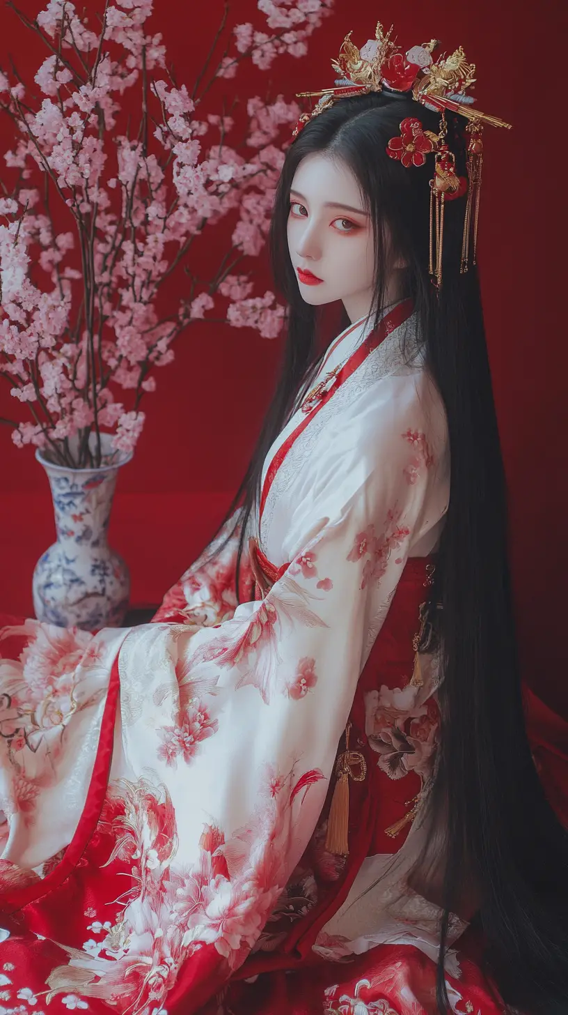 East Asian woman in red silk robe with cherry blossoms