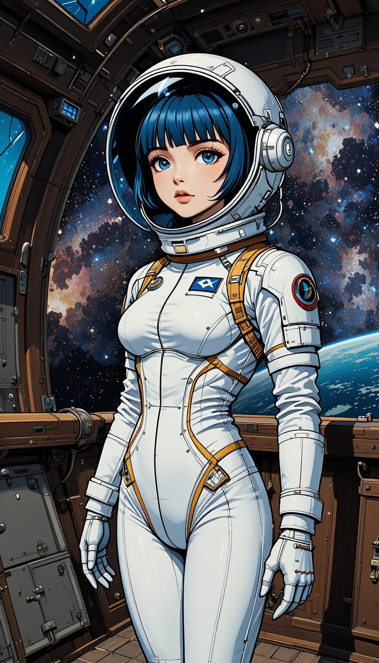 Anime girl in retro space suit on wooden spaceship deck
