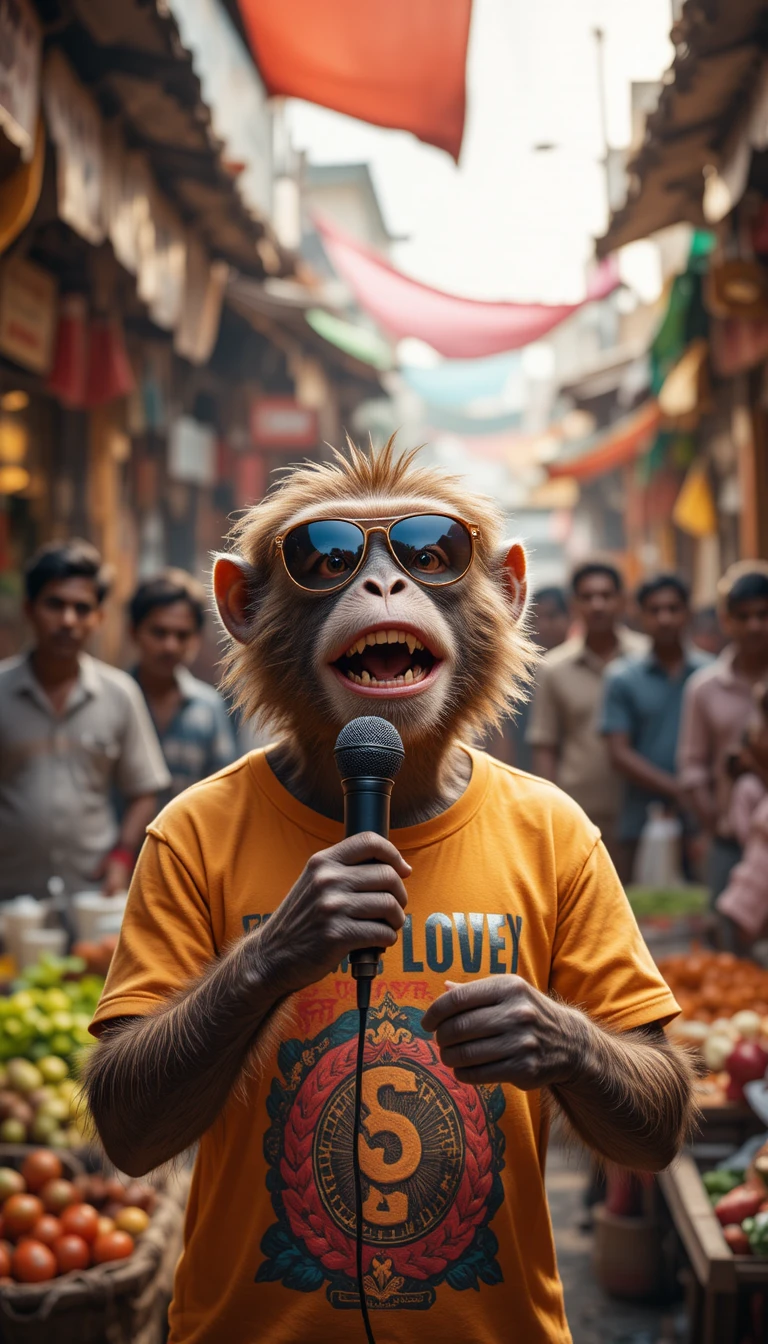 Mono carismático hablando en un bullicioso mercado callejero de la India