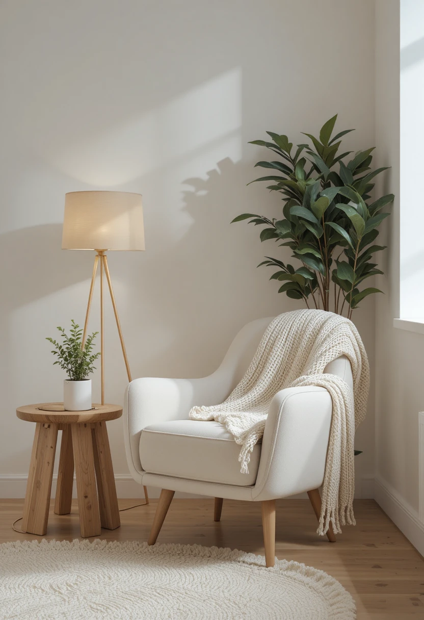 Accogliente soggiorno scandinavo con poltrona e piante