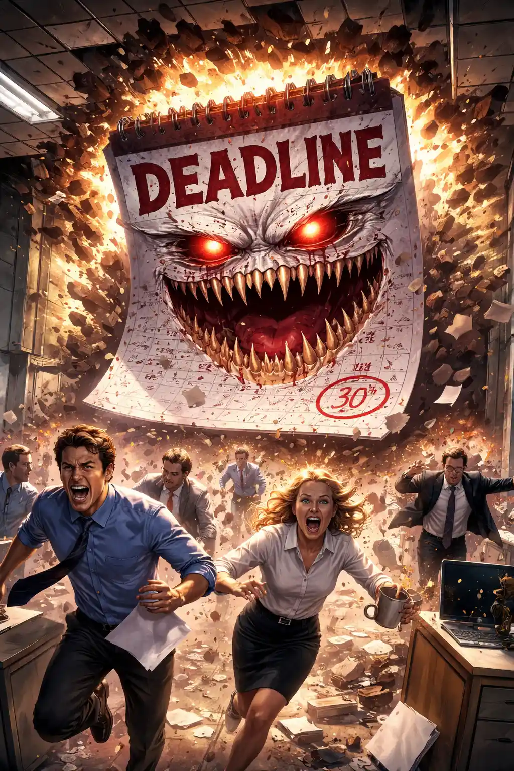 I dipendenti fuggono mentre un gigantesco calendario delle scadenze sfonda i muri dell’ufficio