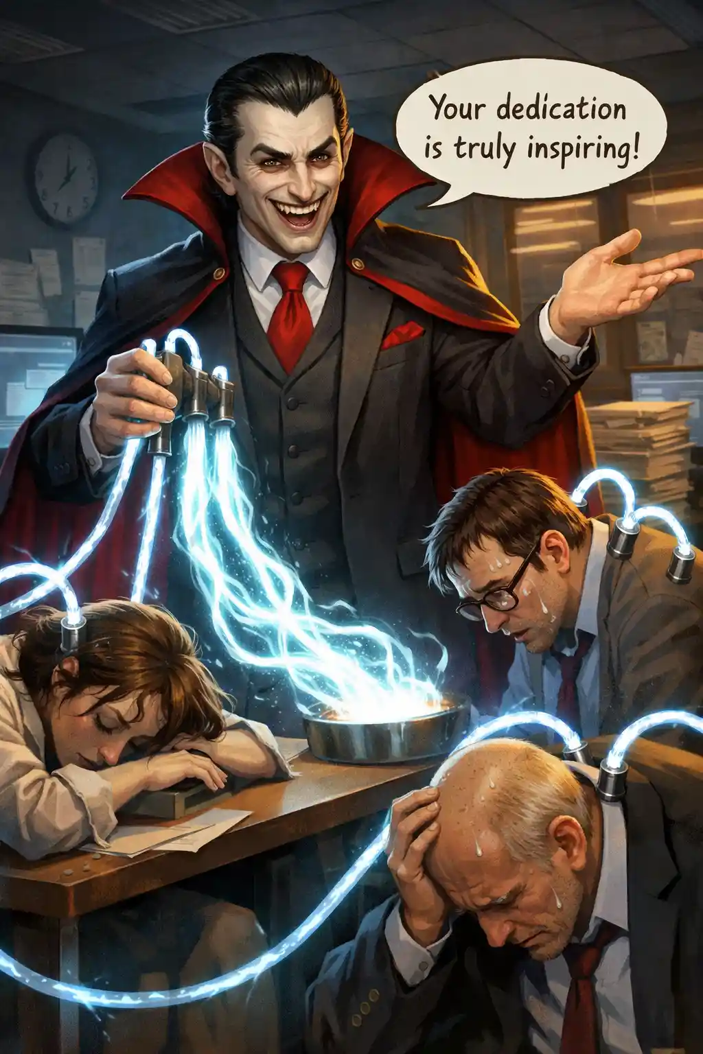 Corporate manager vampire draining energy from tired staff