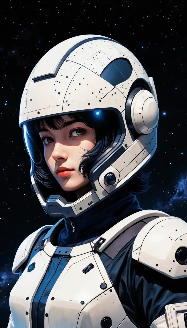 Heroína espacial em estilo mangá retrô no convés de nave estelar de madeira
