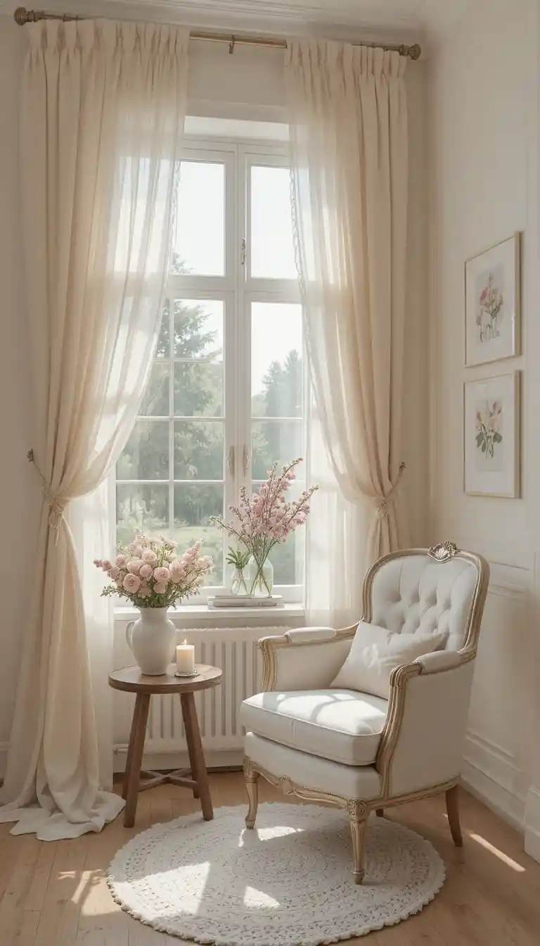 Gemütliche Sesselecke mit Rosen an einem hellen Fenster