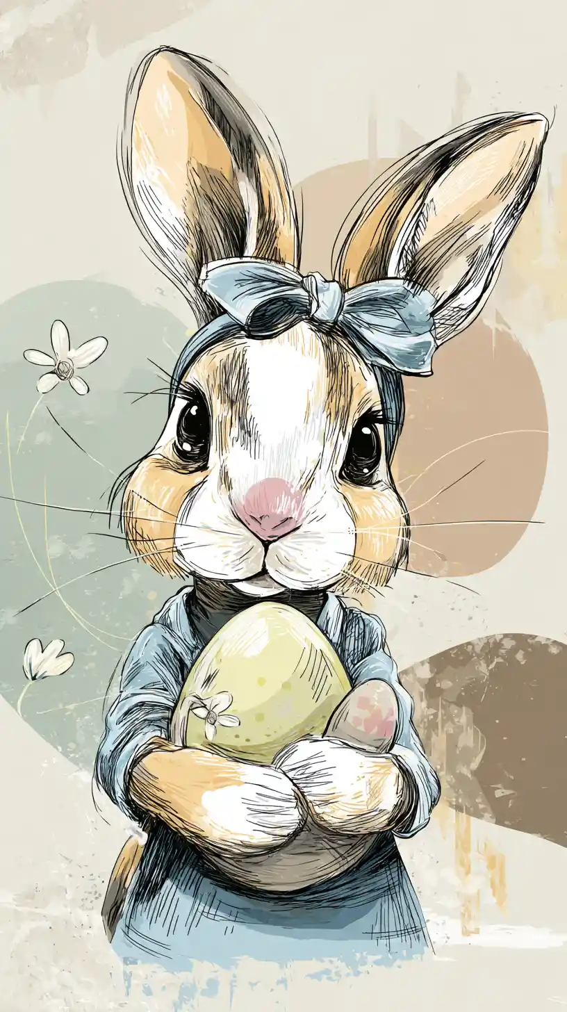 Cute rabbit holding easter eggs in pastel illustration