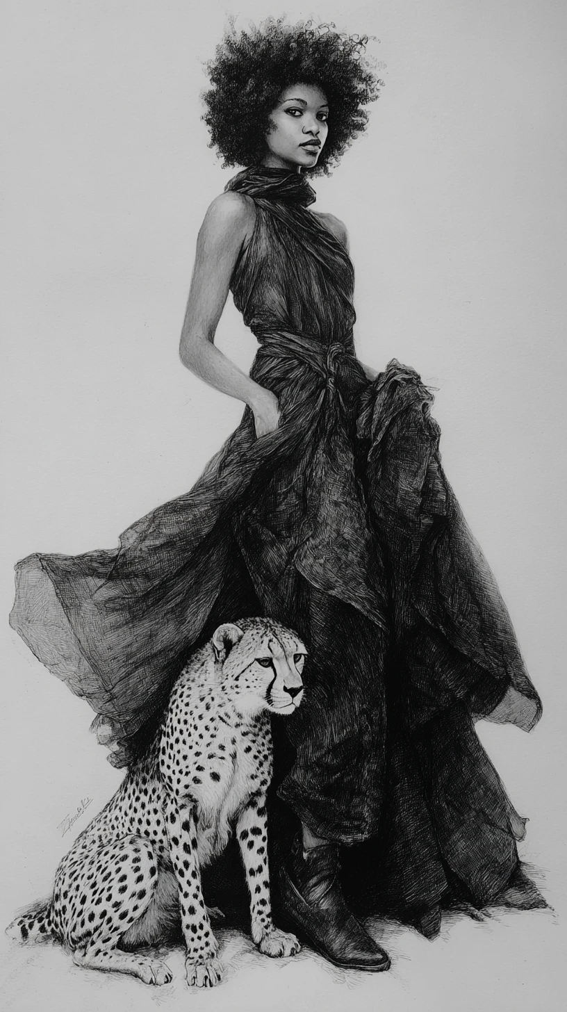 Elegant woman with afro standing beside a pet cheetah