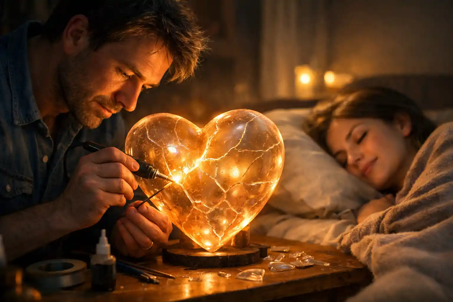 Homme réparant un cœur en verre lumineux à côté de sa femme endormie