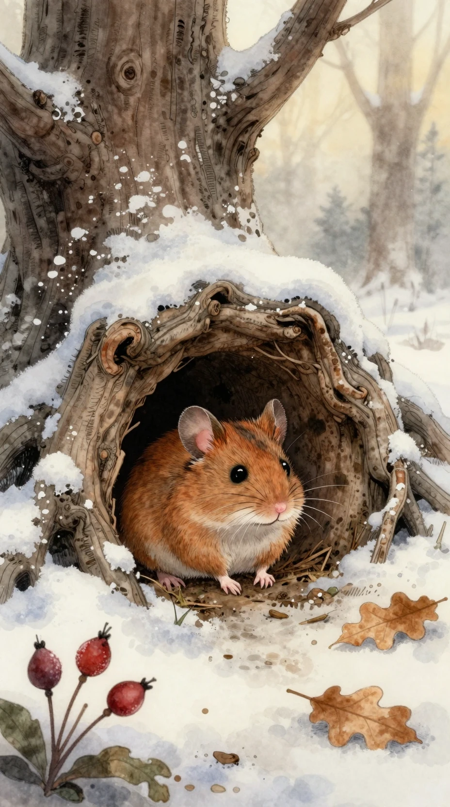 Wood mouse peeking from a snowy tree root burrow