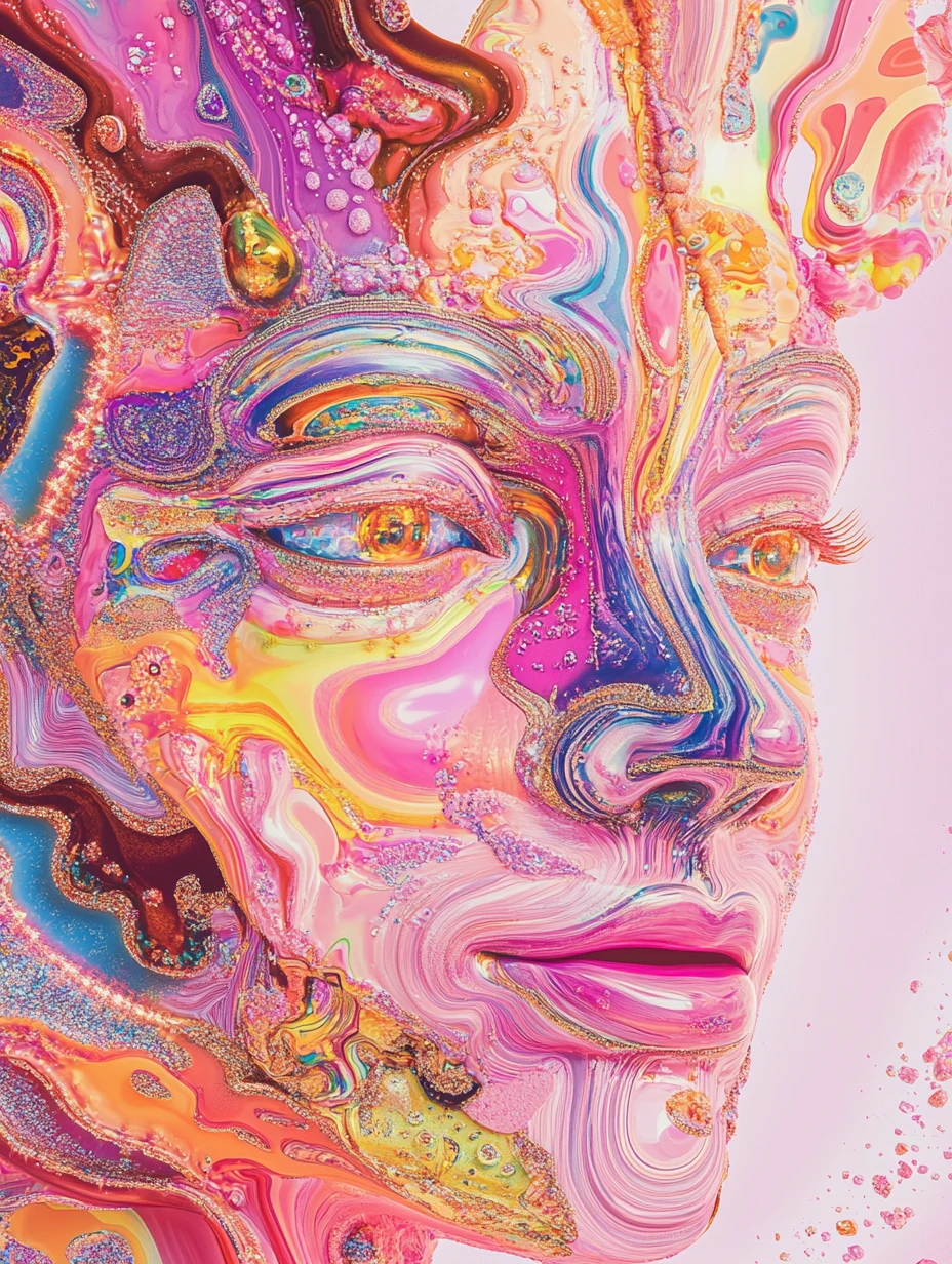 Whimsical metallic fairy in bright psychedelic pastel colors