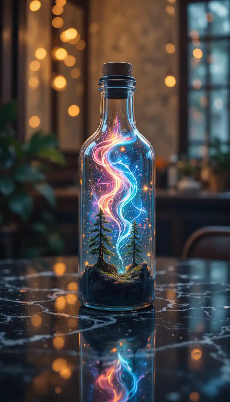 Anime bottle holding a neon nebula above dark marble