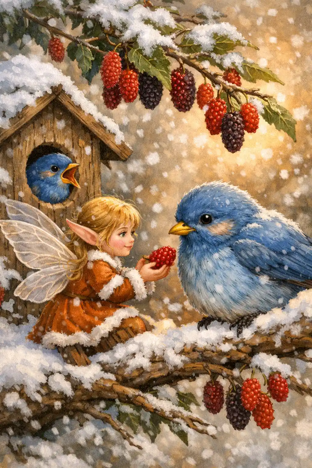 Fairy Offering Red Apple To Blue Bird In Snowy Forest