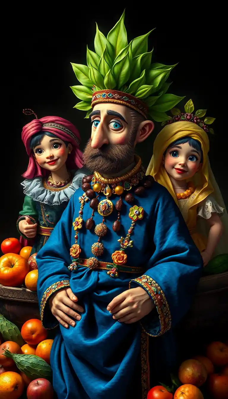 Figura real abstracta en azul y dorado con frutos abundantes