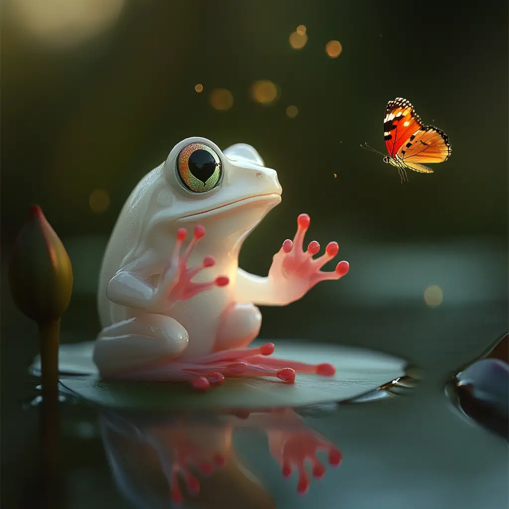 Glowing Tiny Frog On Lily Pad With Colorful Butterfly