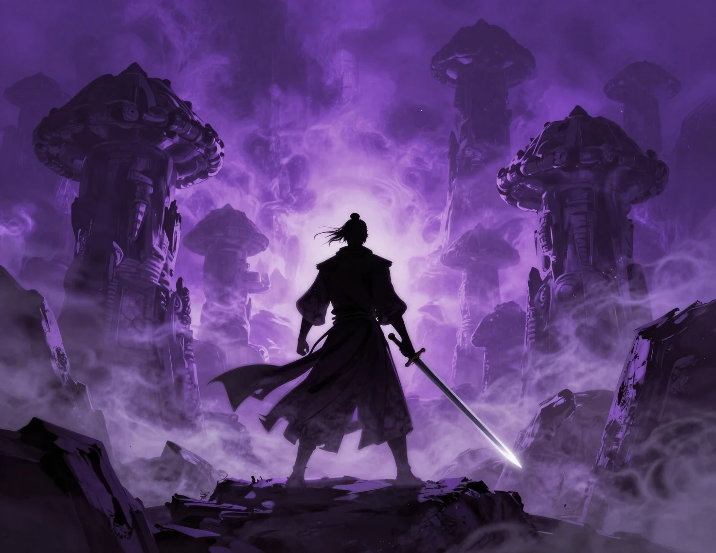 Silhouetted swordsman in purple haze fantasy landscape