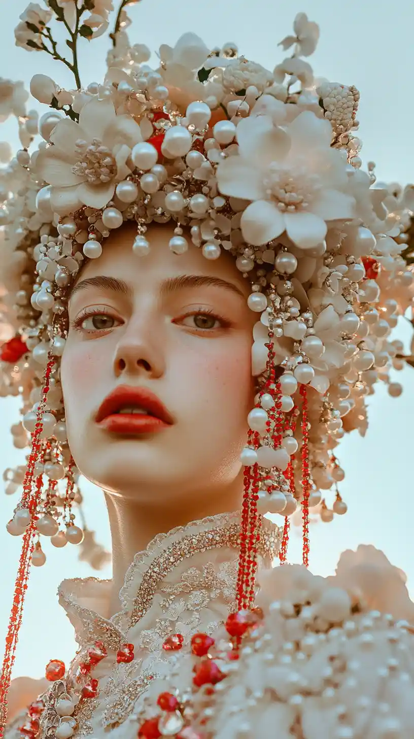 Ethereal woman with floral headdress and pearl jewelry