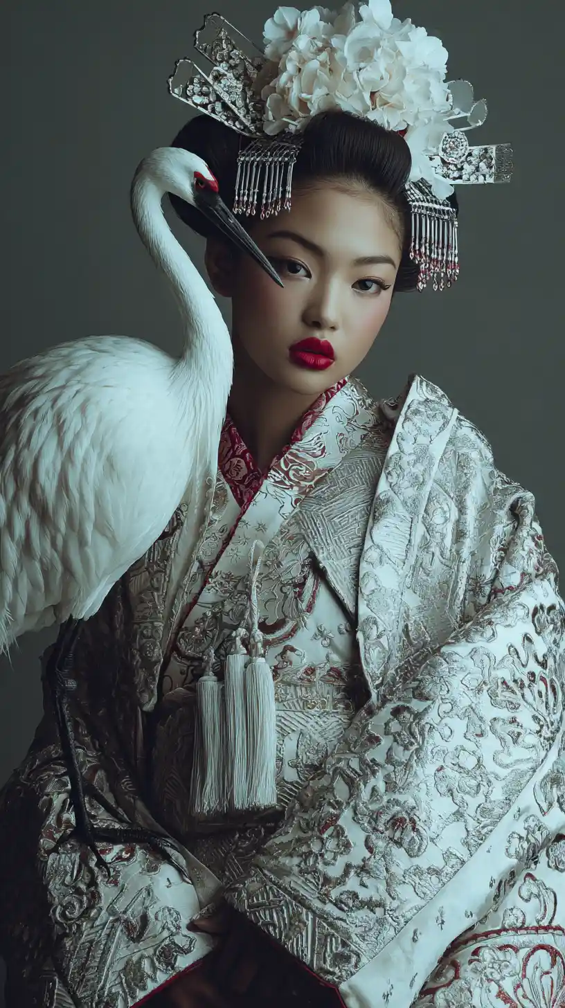 Elegant Asian woman in silver kimono with white crane