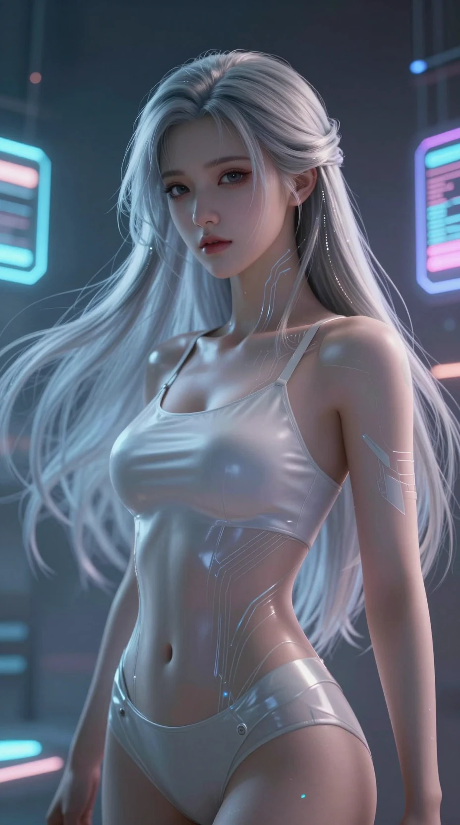 Futuristic android woman portrait in a neon city interior